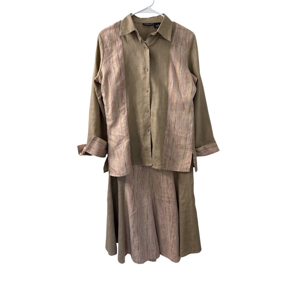 Willi Smith Womens 100% Linen 2 Piece Set Tan Striped Shirt Maxi Skirt Size 6 - Picture 1 of 7